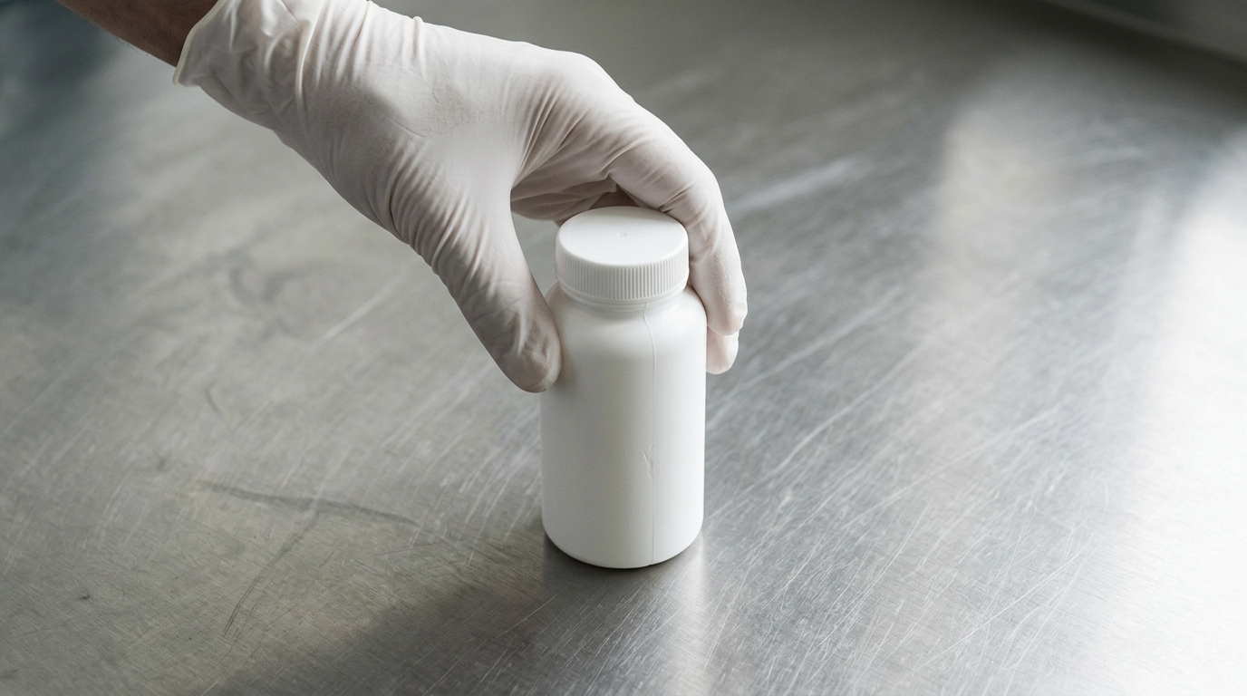 Gloved hand handling a food supplement bottle in a pharmaceutical manufacturing environment – Noviatic.