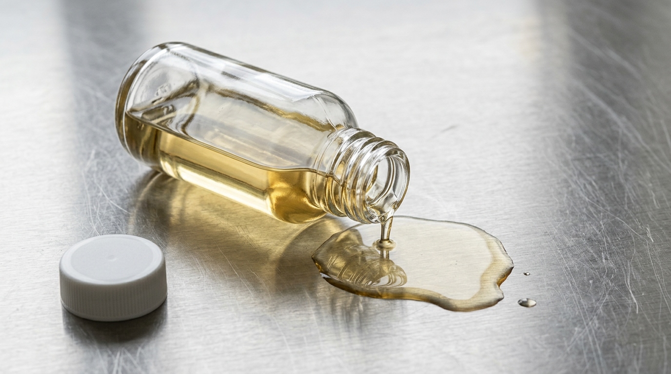 Golden liquid supplement spilling from a glass bottle onto a stainless steel surface – Noviatic.