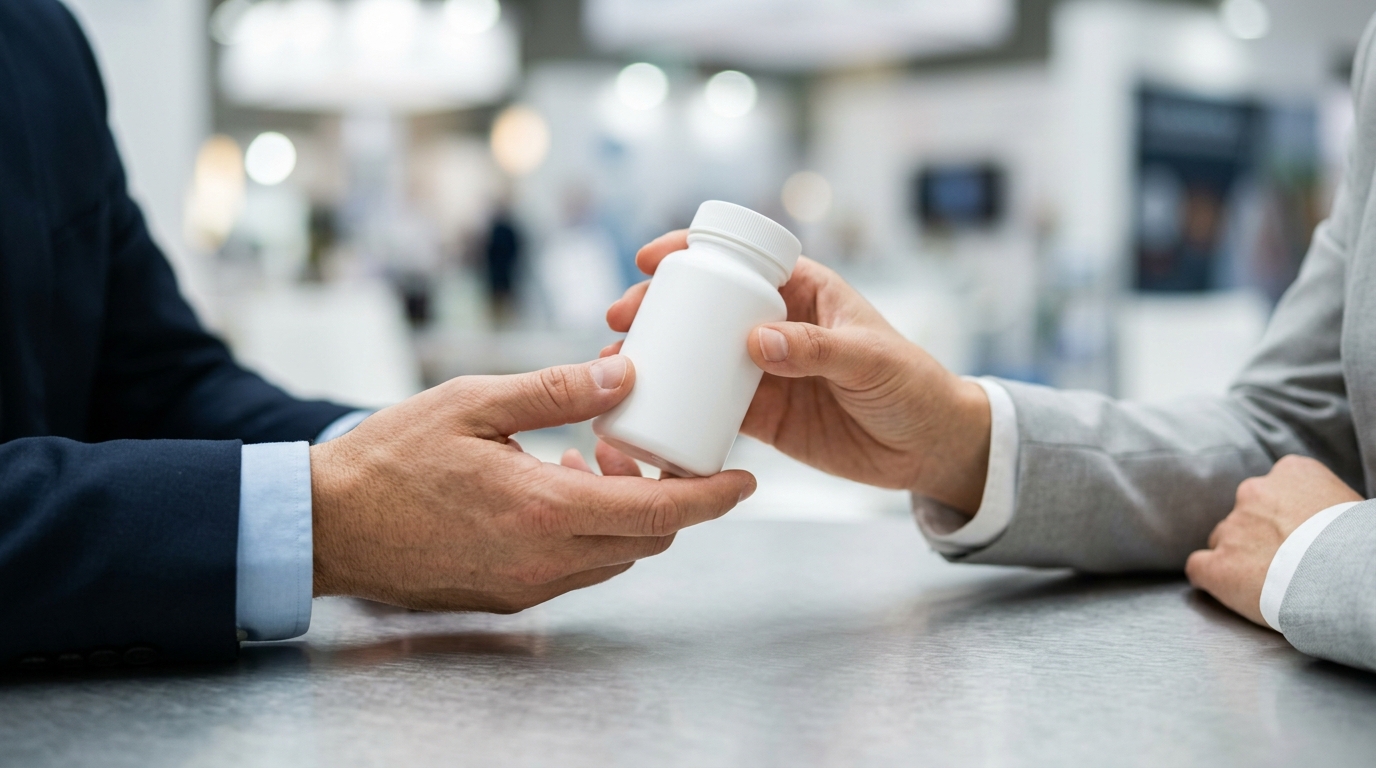 Business partners discussing a food supplement product at an industry event – Noviatic.