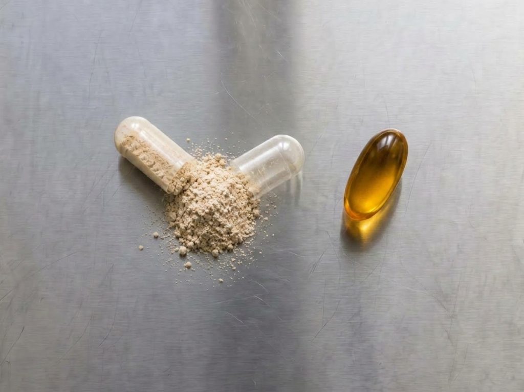 Hard powder capsule and softgel representing two common capsule formats used in supplement manufacturing.