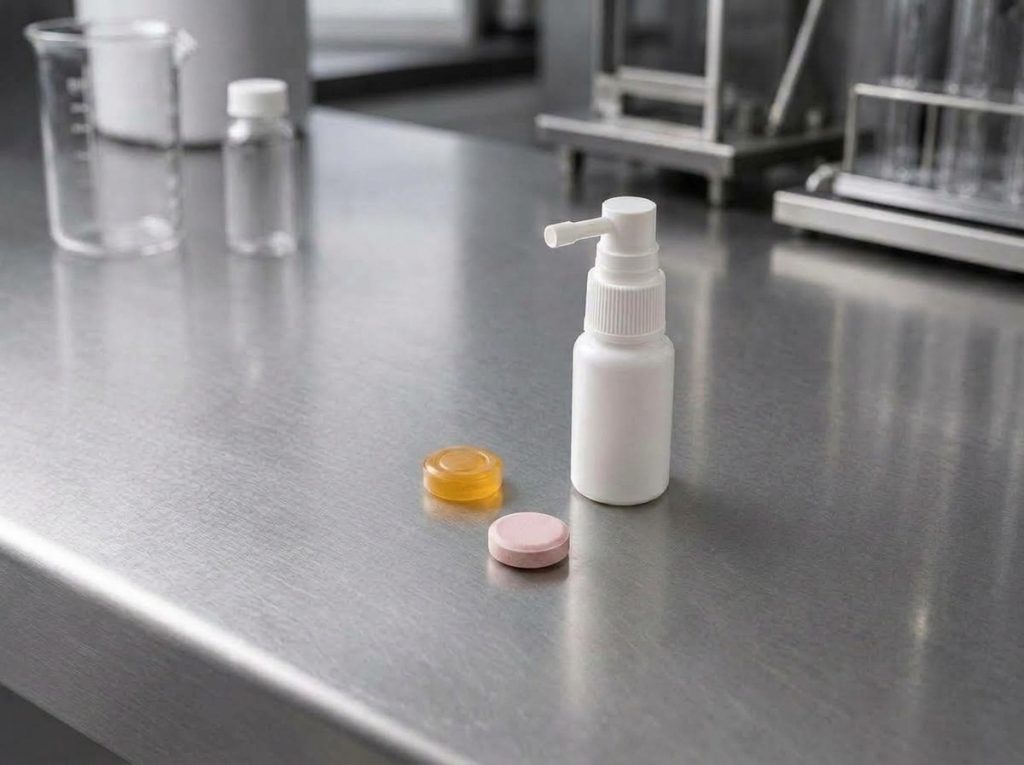 Chewable tablet, lozenge and oral spray supplement formats compared on a stainless steel surface.