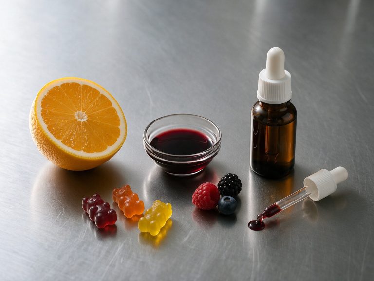 Children's health food supplements including syrups, omega-3 liquids, vitamin drops and age-appropriate nutritional formulations.