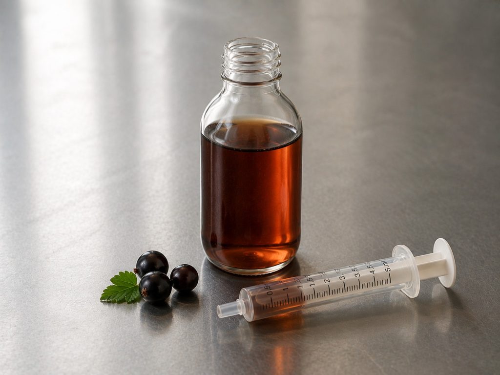 Children’s supplement syrup with measured dosing syringe and blackcurrant ingredients, representing flavour development and age-appropriate liquid formulation.
