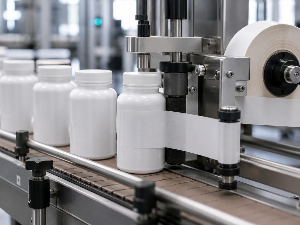 Automatic labeling of supplement bottles for compliant multi-market packaging at Noviatic's GMP-certified manufacturing facility.
