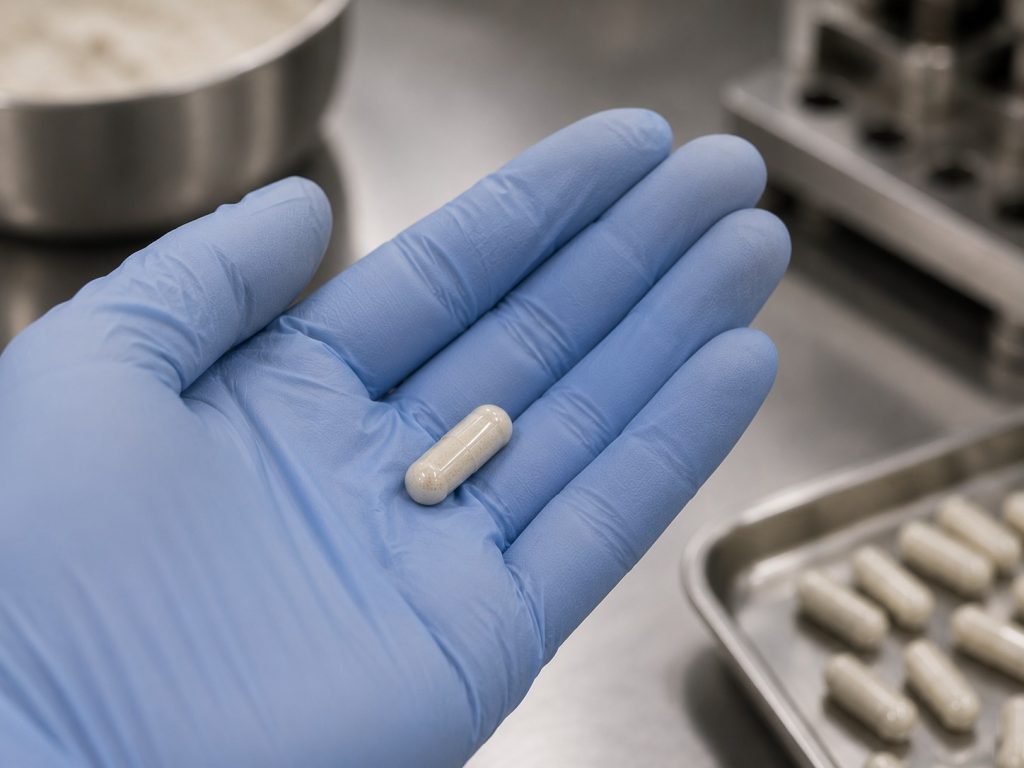 Custom supplement capsule inspected during capsule formulation and manufacturing.