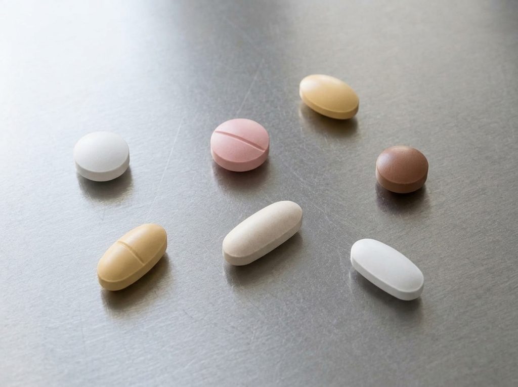 Different film-coated supplement tablets representing custom coating, shape and formulation options.