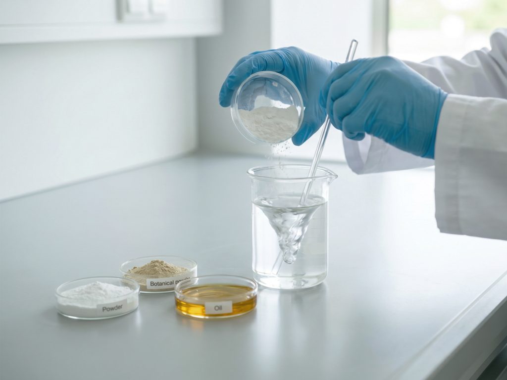 Food supplement formulation scientist developing a custom nutraceutical formula by combining ingredients in a pharmaceutical laboratory.