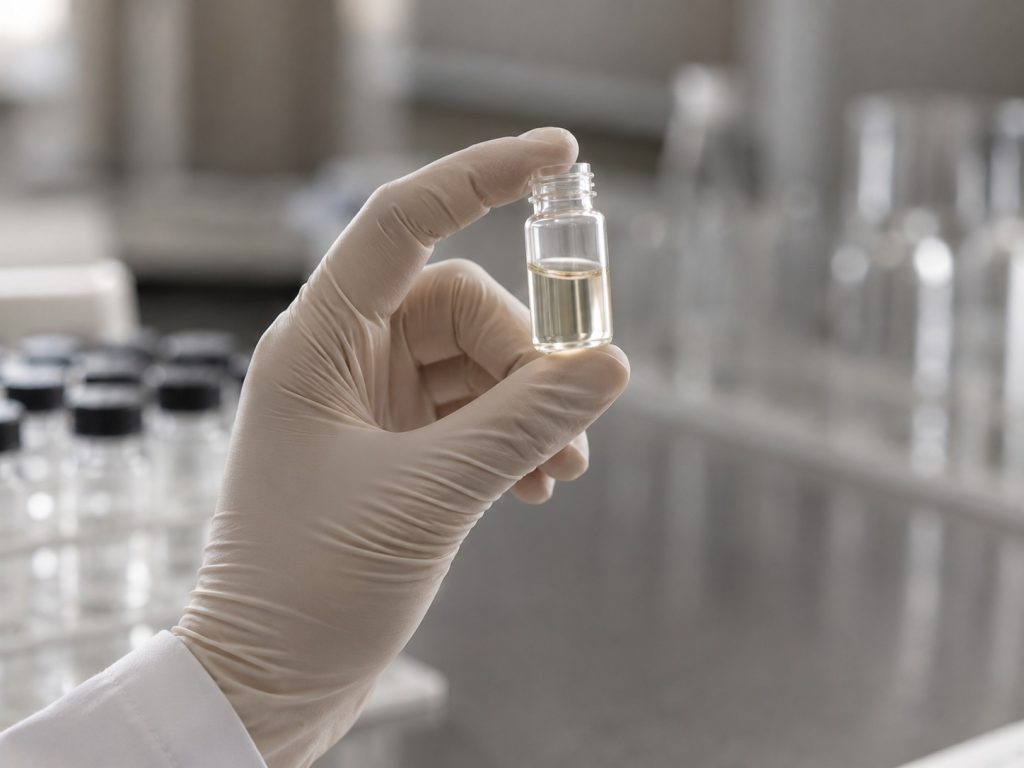 Laboratory specialist inspecting a liquid supplement drop formulation sample.
