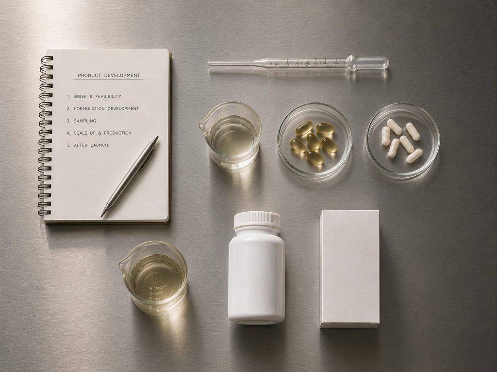 Overview of the custom supplement development process from project brief to finished product.