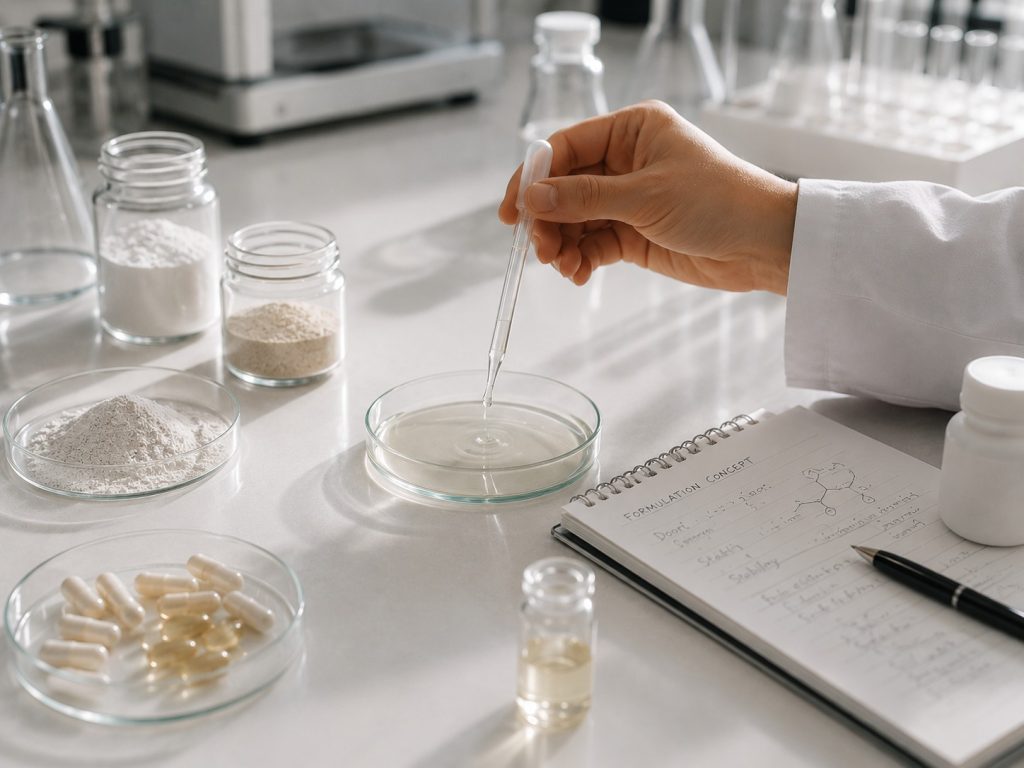 Scientist developing a custom supplement formula using laboratory samples, ingredients and formulation testing.
