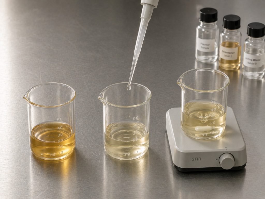 Liquid supplement syrup formulations being developed and tested with laboratory beakers and a pipette.