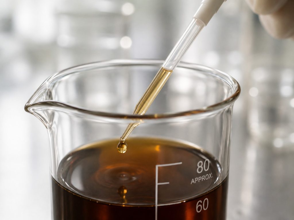 Herbal supplement tincture being developed and tested with a laboratory pipette for precise liquid formulation.