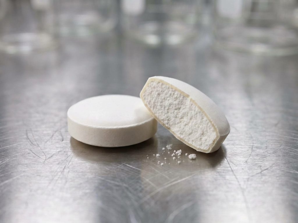 Film-coated supplement tablet showing the compressed core and thin outer coating.