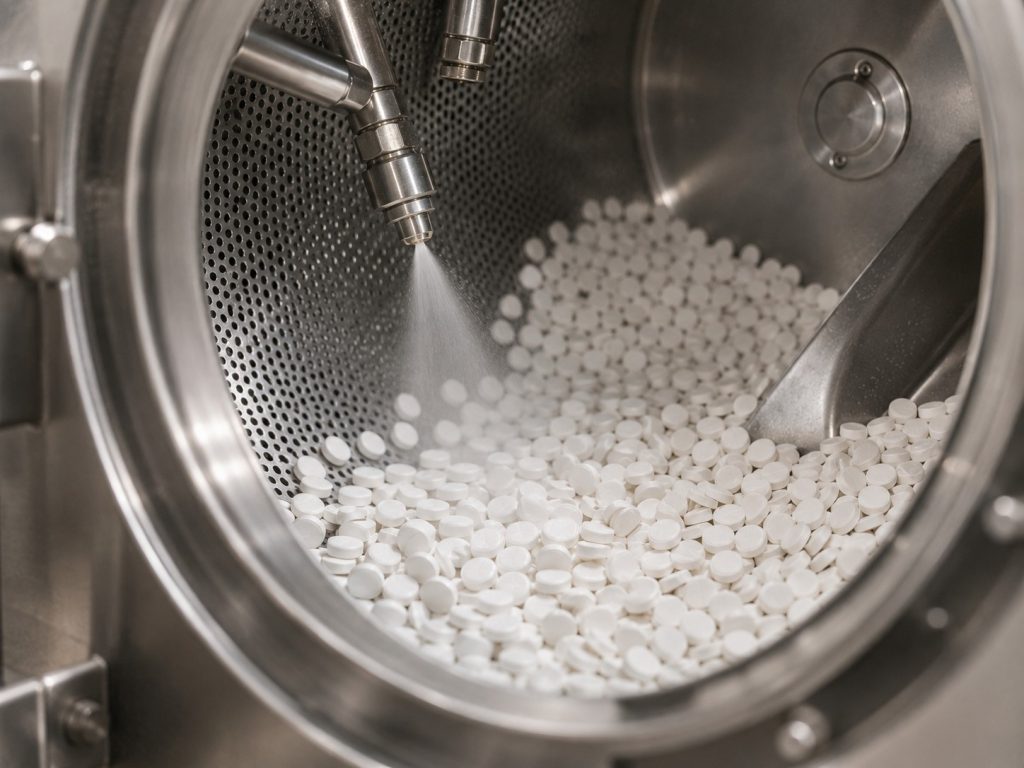 Supplement tablets receiving a film coating during the tablet manufacturing process.