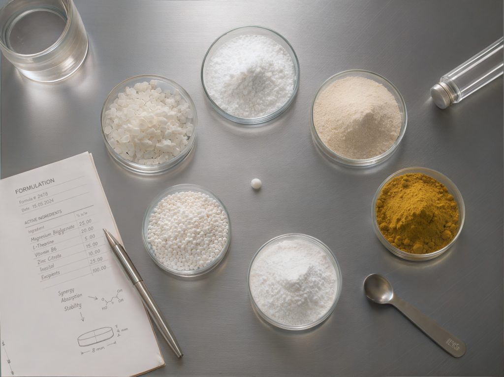 Food supplement formulation ingredients and technical specification prepared for product development and sourcing at Valentis.