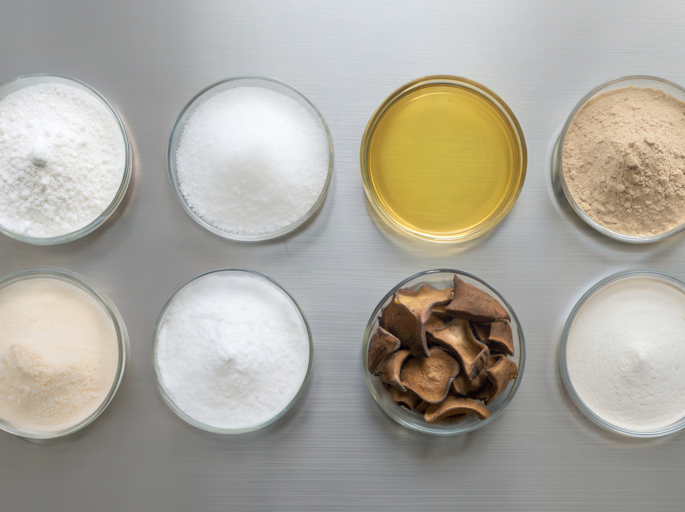 Selection of food supplement raw materials including powders, botanical extracts and omega-3 oil used across multiple supplement formulations at Valentis.