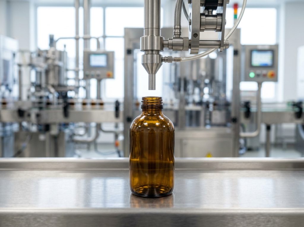 Liquid food supplement filling on an automated production line for German private label and contract manufacturing at Valentis.