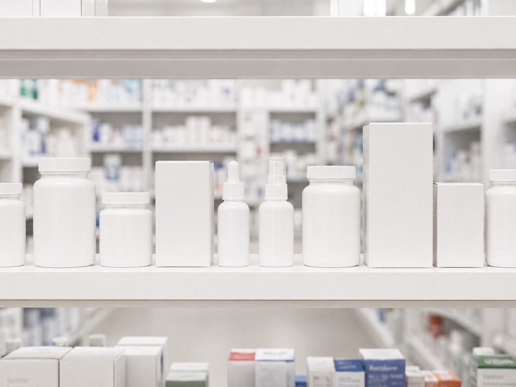 Private label food supplement packaging formats displayed on a pharmacy shelf for the German retail market manufactured by Valentis.