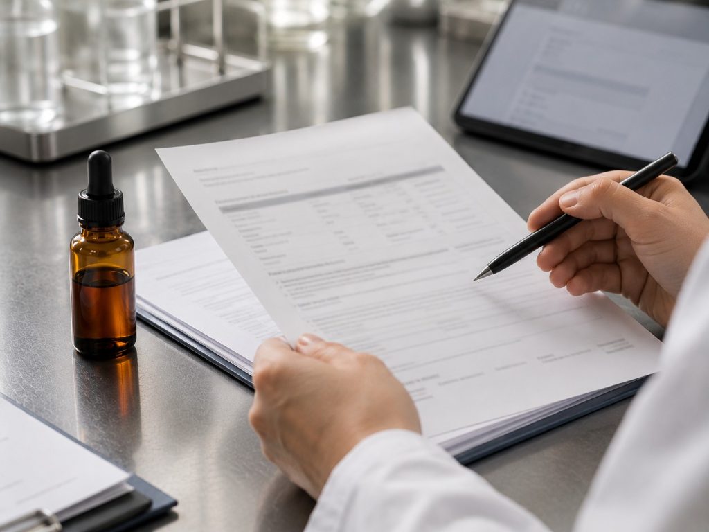 Regulatory specialist reviewing herbal tincture documentation and destination-market compliance requirements before production.