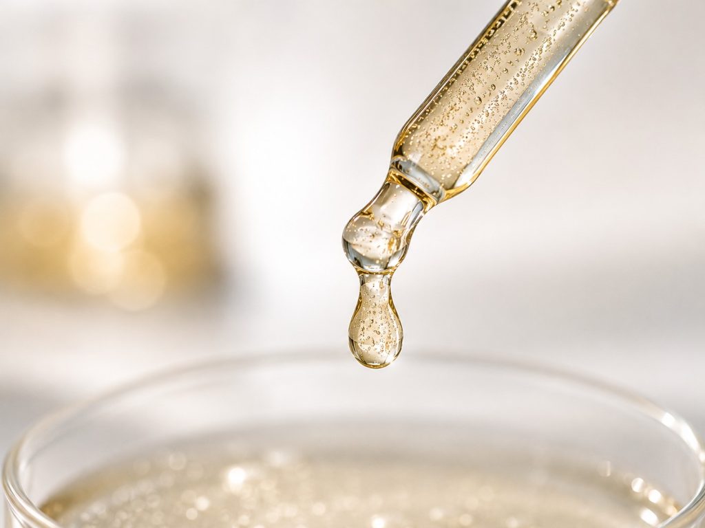 Close-up of a liposomal supplement formulation being prepared with a laboratory pipette.