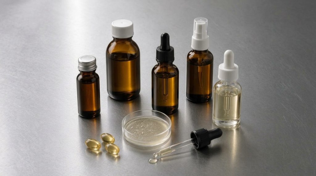 Liquid nutraceutical formats including drops, pipettes, sprays, tinctures and oils manufactured by Noviatic.