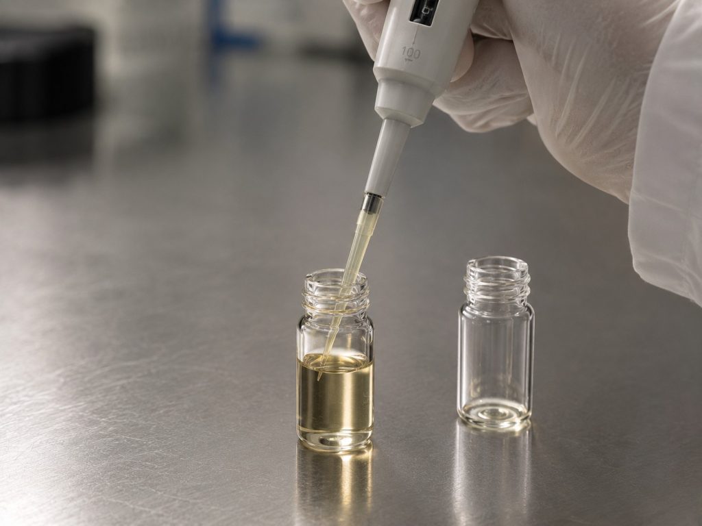Quality control testing of a liquid supplement sample in a laboratory.
