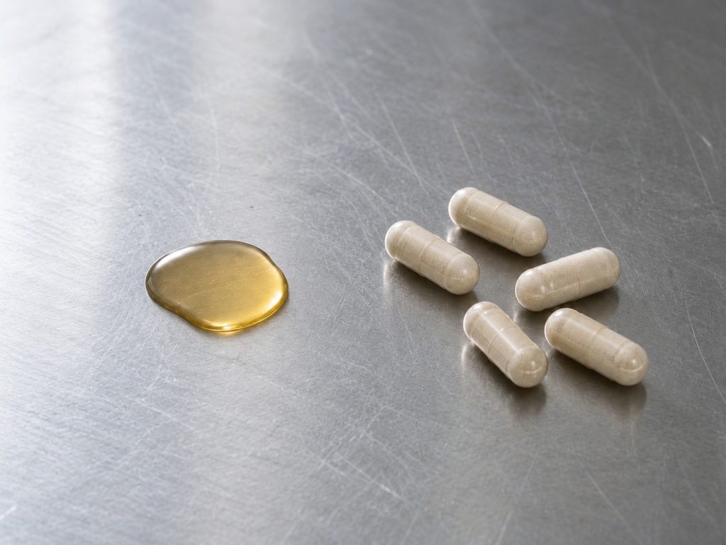 Liquid and capsule supplement formats illustrating when liquid is the right choice for a product.