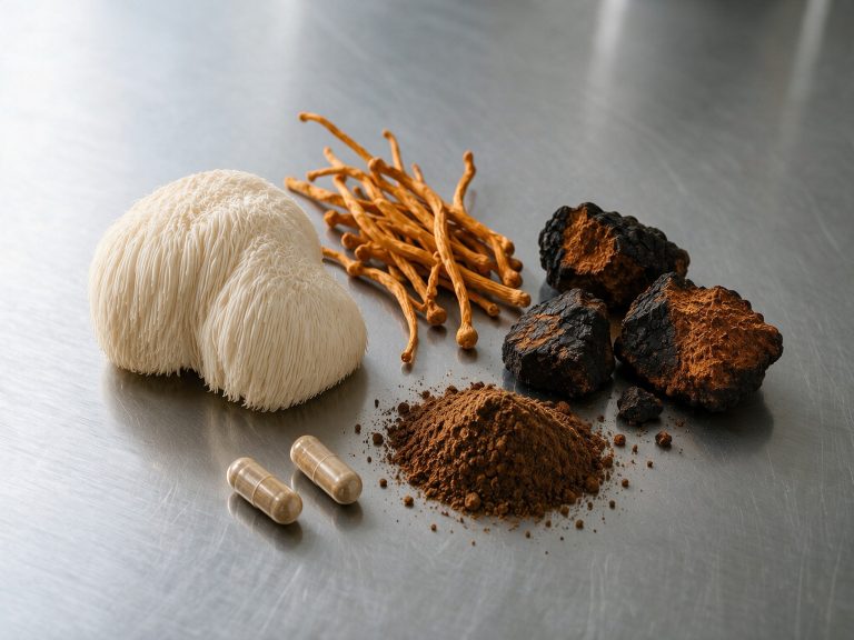 Functional mushroom food supplements with lion's mane, reishi, cordyceps, chaga and shiitake for wellness formulations.