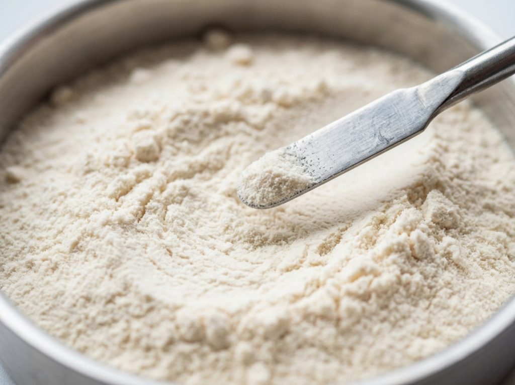 Collagen peptide powder being evaluated during supplement formulation – Noviatic.