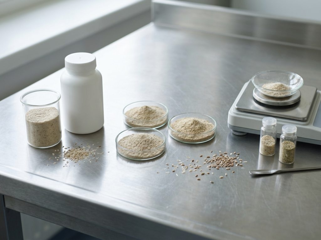 Psyllium husk powders and samples prepared for custom supplement formulation and testing – Noviatic.