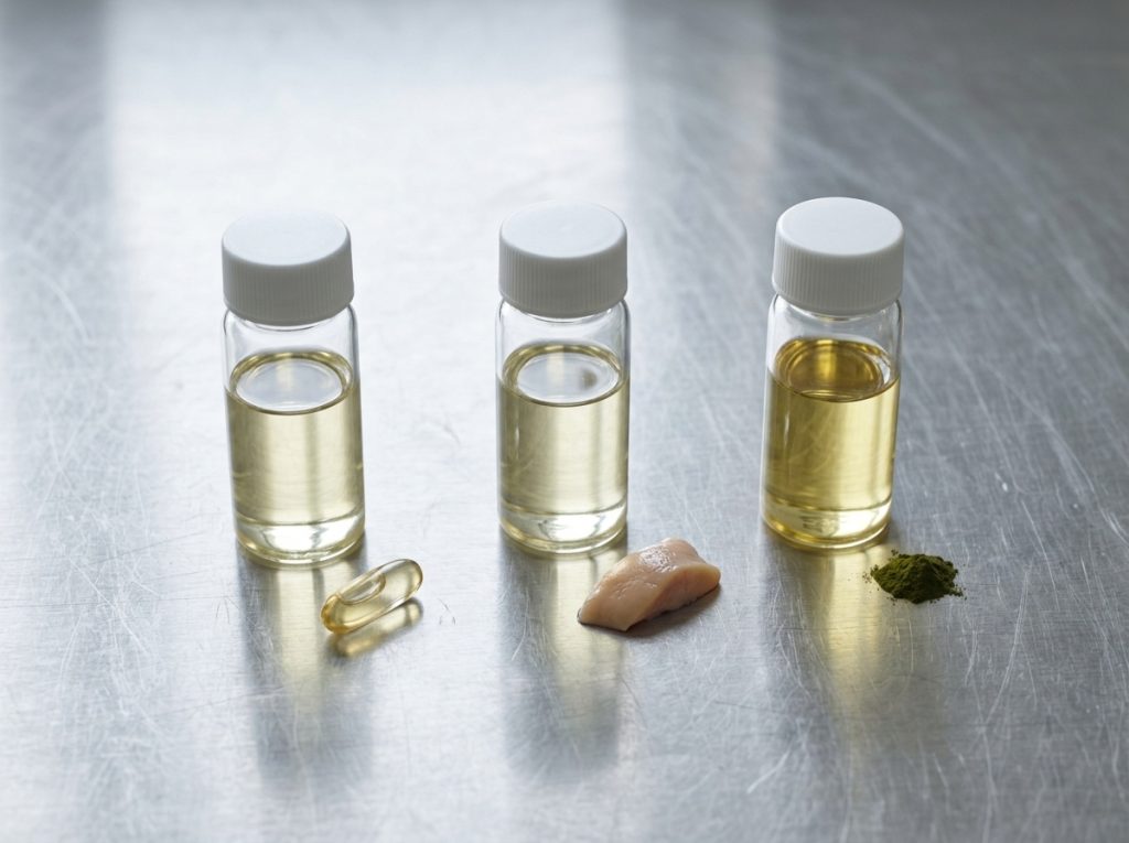 Fish oil, cod liver oil and vegan algal oil samples showing different omega-3 sources – Noviatic.