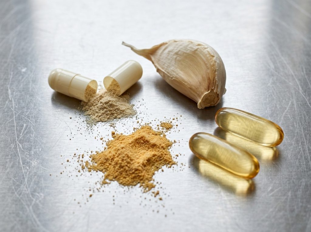 Heart health supplement ingredients including omega-3 softgels, garlic extract and nutritional actives – Noviatic.