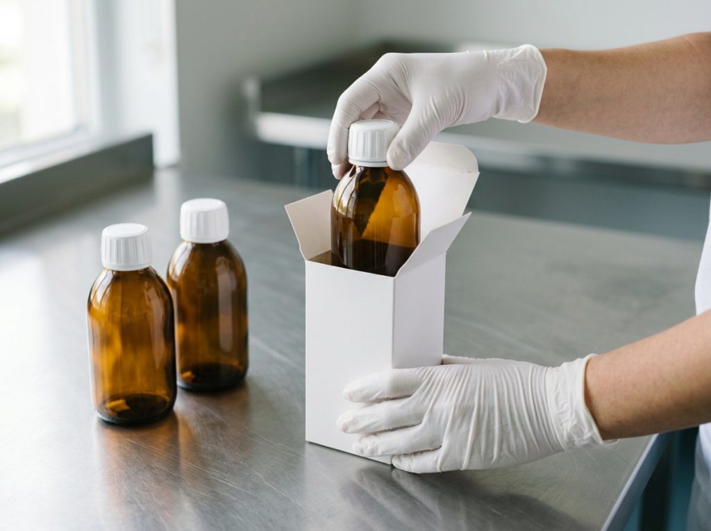 Omega-3 liquid supplement bottle being packed for finished product delivery – Noviatic.