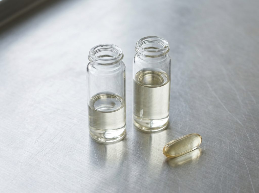 Omega-3 oil samples and softgel representing EPA and DHA formulation ratios – Noviatic.