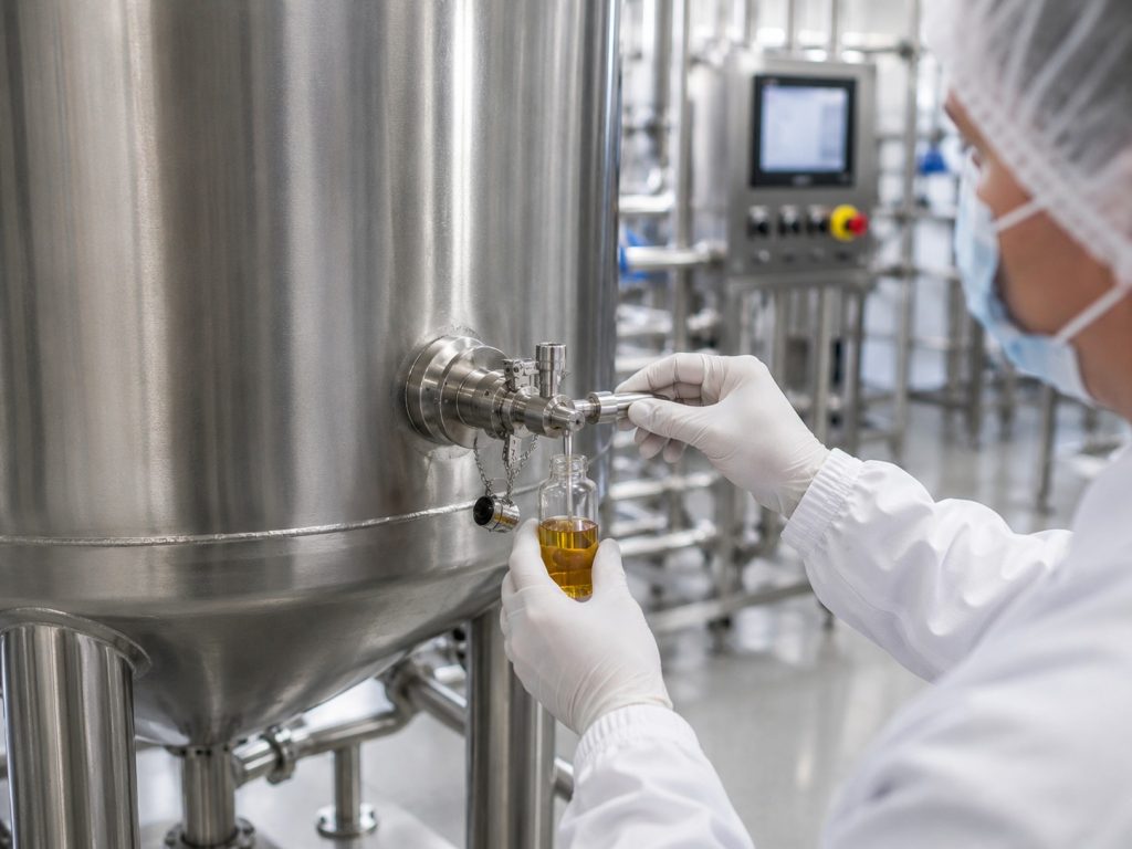 Quality specialist collecting an omega-3 oil sample from a stainless steel production tank – Noviatic.