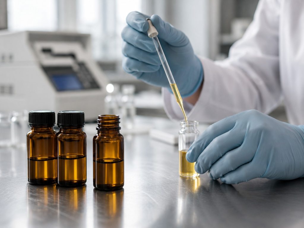 Quality specialist testing an omega-3 oil sample during production – Noviatic.