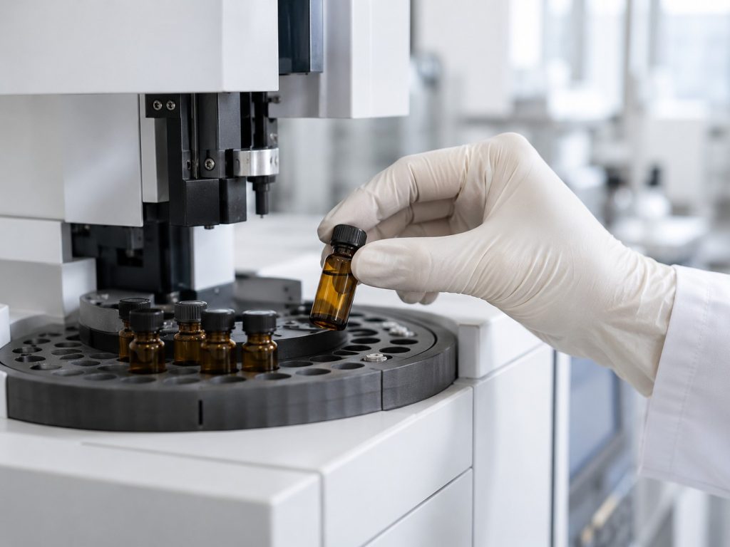 Omega-3 oil sample undergoing TOTOX quality testing in the laboratory – Noviatic.
