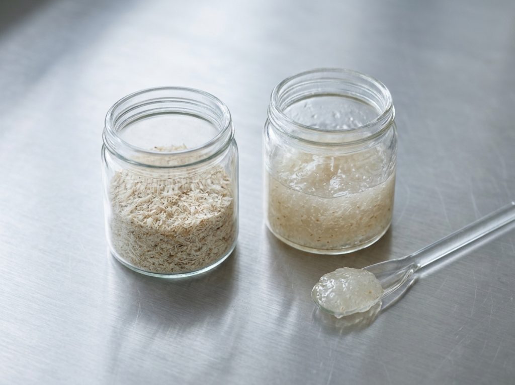 Dry psyllium husk and hydrated psyllium gel demonstrating soluble fiber absorption – Noviatic.