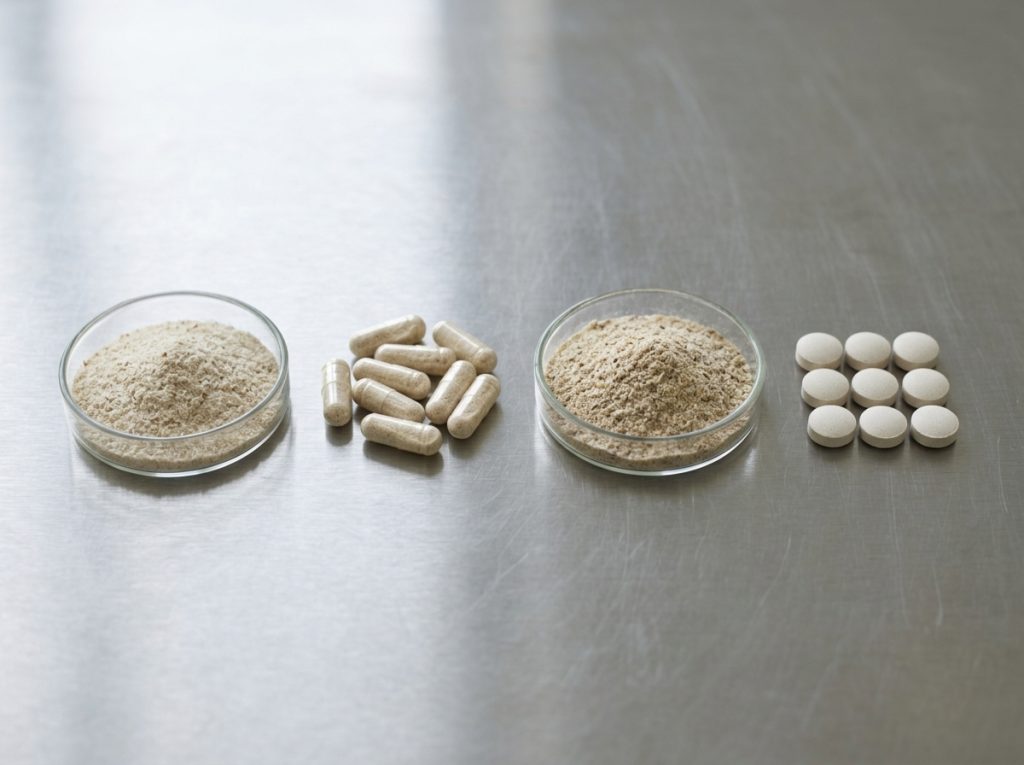 Psyllium powder, capsules and tablets showing different supplement format options – Noviatic.