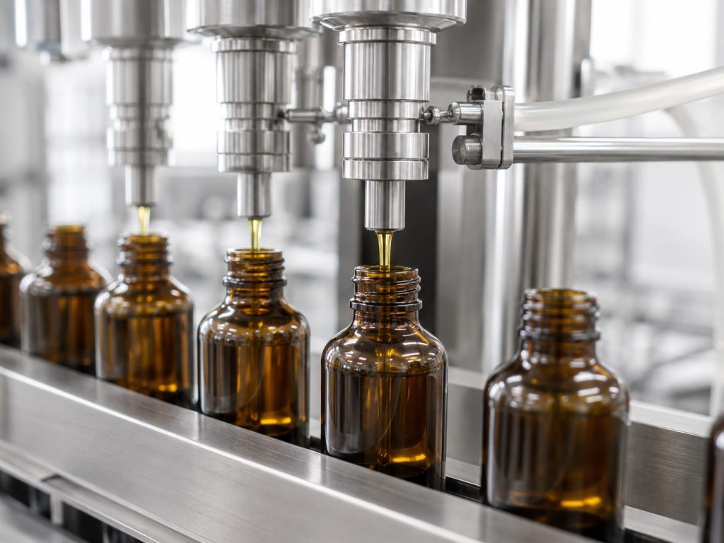 Liquid omega-3 oil being filled into amber glass bottles on a dedicated production line – Noviatic.