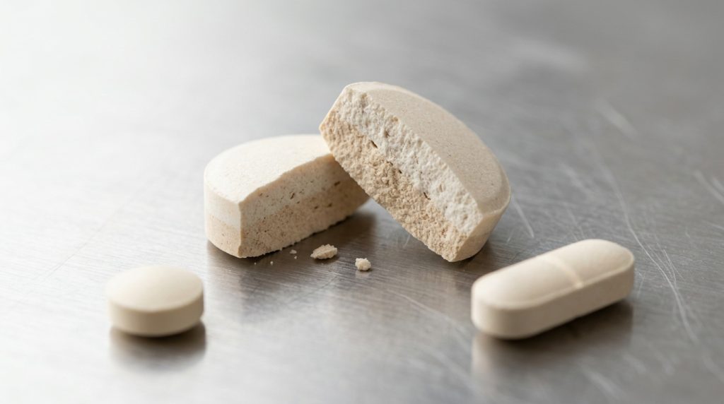 Compressed supplement tablets in different shapes and sizes for vitamin, mineral and functional formulas – Noviatic.