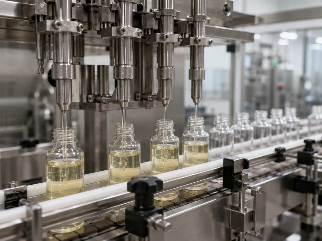 Vitamin shot bottles being filled on a liquid production line – Noviatic.