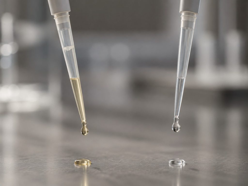 Oil-based and water-based supplement drops compared using laboratory pipettes.
