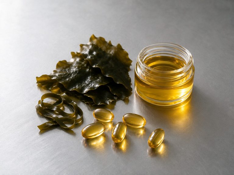 Omega-3 food supplements including fish oil, cod liver oil and algae oil in liquid and softgel formats.