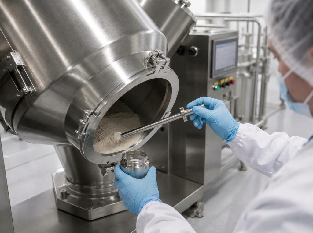 Supplement powder being sampled during blending and homogenisation in a pharmaceutical manufacturing facility.