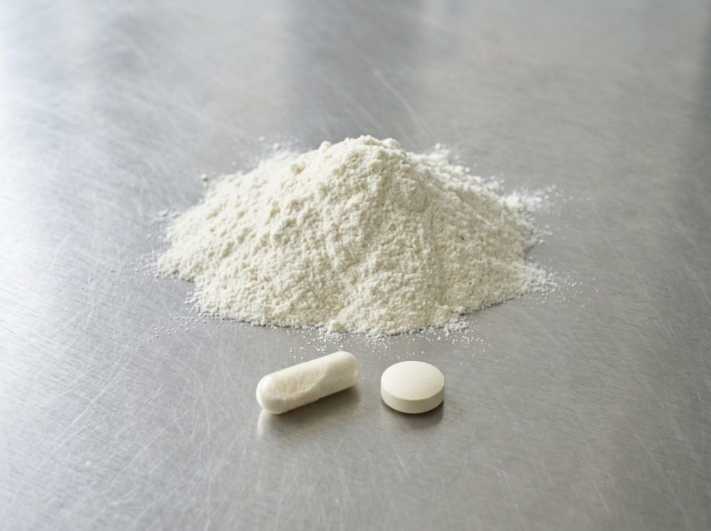 Supplement powder compared with capsule and tablet formats on a stainless steel laboratory surface.