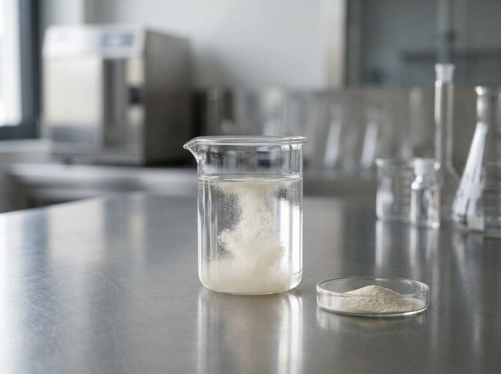 Supplement powder dissolving in liquid during formulation testing in a pharmaceutical laboratory.