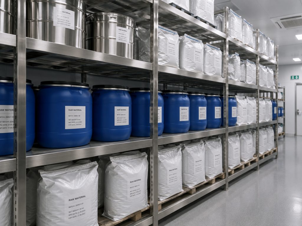 Qualified food supplement raw materials stored in a controlled warehouse before quality inspection at Valentis.