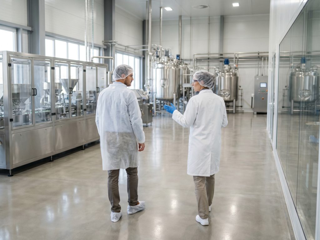Supplement manufacturing specialists discussing functional shot production inside a modern liquid nutraceutical facility.