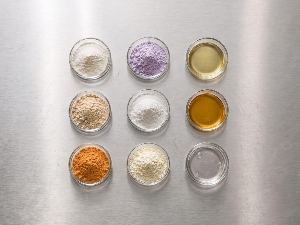 Raw ingredients used in food supplement manufacturing for Spanish private label products including collagen, omega-3, vitamins and botanical extracts at Valentis.